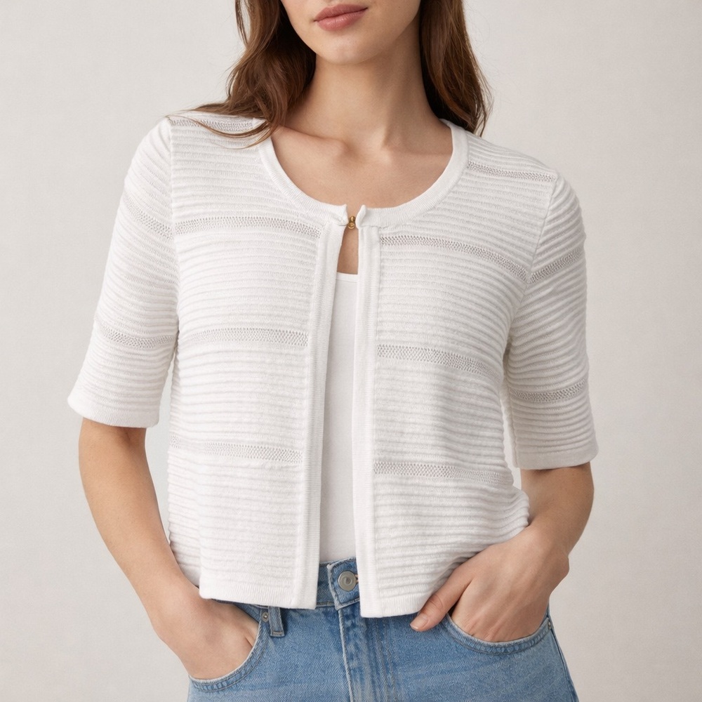 Calvin Klein White Short Sleeve Knit Cardigan Sweater Medium